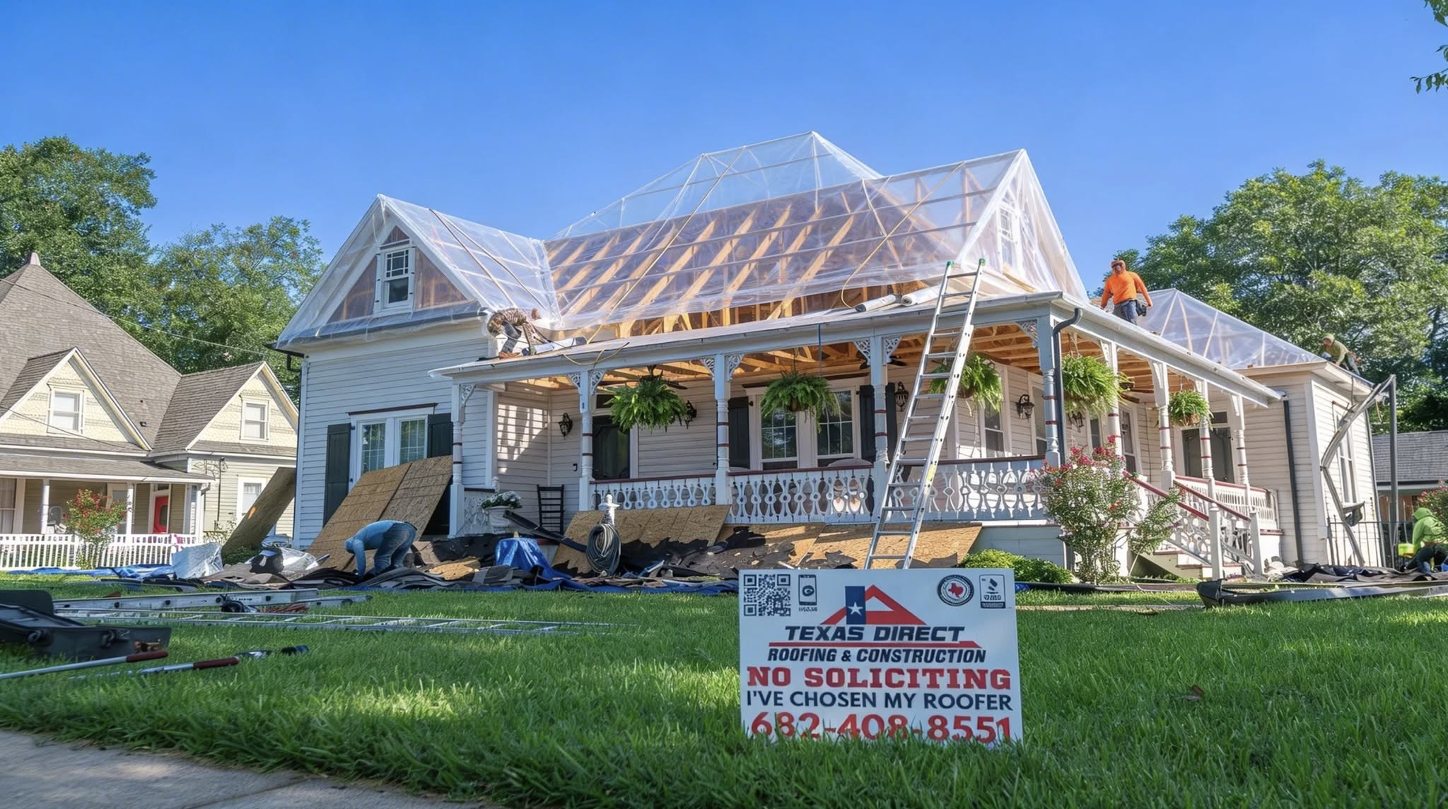 Texas Direct crew working on a storm damaged home with a branded yard sign