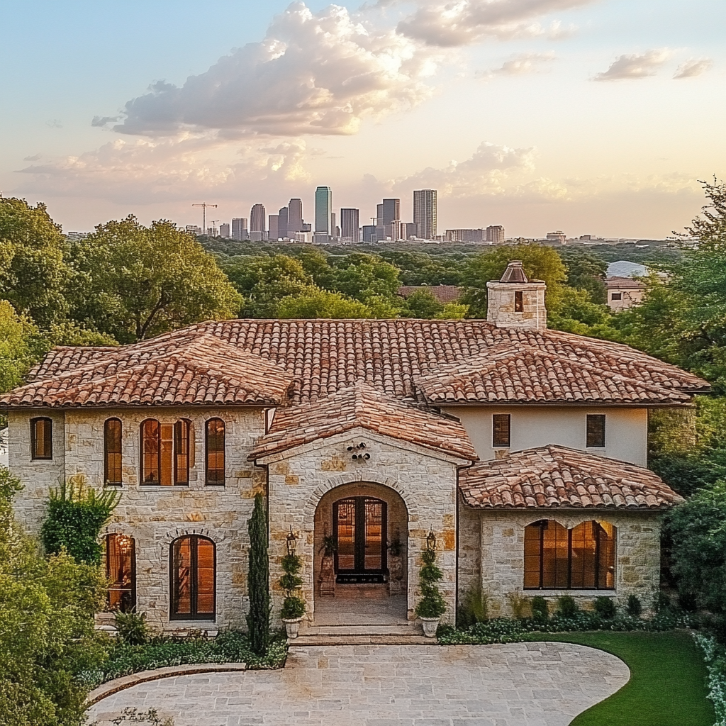 Mediterranean-style home near Live Oak Trees in Texas with clay tile roof with Dallas skyline in the background
